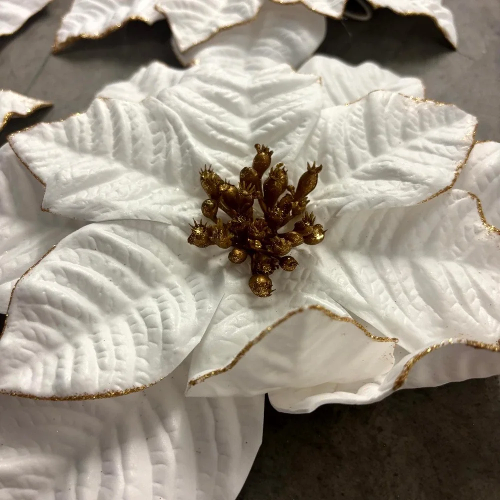 White Gold Poinsettia Christmas Ornaments Magnets Set of 4 Holiday Floral Decor